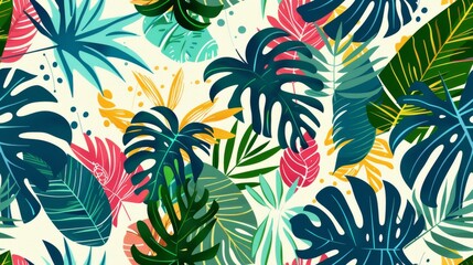 The refreshing allure of a seamless pattern filled with tropical elements such as exotic leaves with simple geometric shapes, offering a bright and cheerful summer jungle print perfect for infusing wa