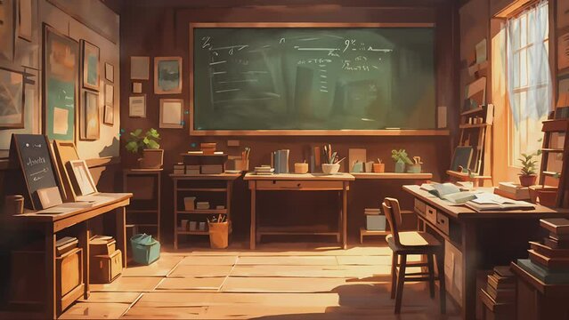 empty classic teacher's room interior with chalkboard and desk. Cartoon or anime watercolor painting illustration style. seamless looping 4K video animation background.