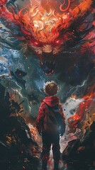 A boy standing in front of a giant red dragon. The dragon is breathing fire and the boy is surrounded by flames. - obrazy, fototapety, plakaty