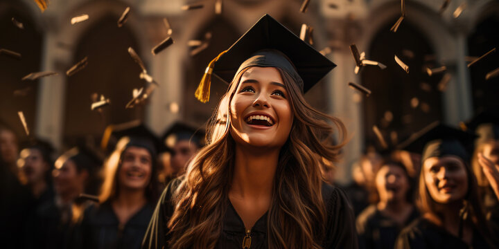 Happy graduates throw their hats into the air. Receiving diplomas. Success about graduating from a university, institute, school. Banner