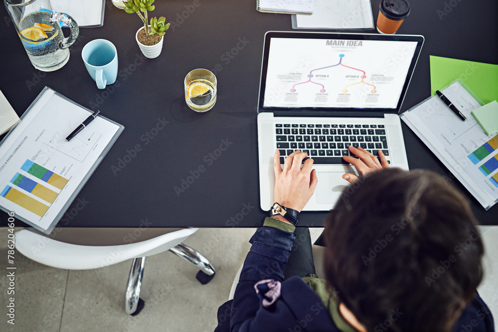 Poster hands, laptop and planning top view with idea at desk, mindmap and brainstorming for seo project. pr