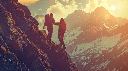 Two people are climbing a mountain together - obrazy, fototapety, plakaty