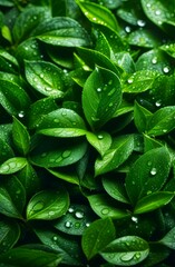 vibrant green leaves adorned with glistening water droplets, top view. concepts: eco-friendliness or natural products, skincare, holistic health, or natural remedies, environmental awareness campaigns
