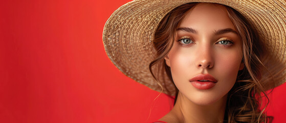 Portrait of beautiful young woman wearing summer hat on red background, blank copy space for advertising text