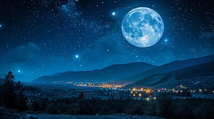   A night scene featuring a full moon, stars, mountain backdrop, and town in foreground