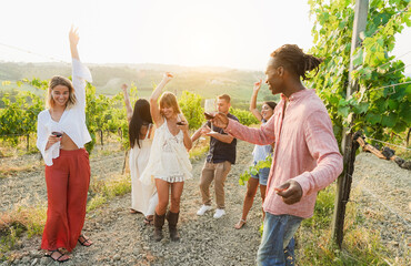 Multiracial friends dancing at summer party inside vineyards - Happy people drinking red wine at coutryside resort - Travel, celebration and tasting event concept - Focus on center blond girl face