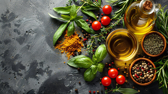 Top view photo of oil, herbs and cooking ingredient background