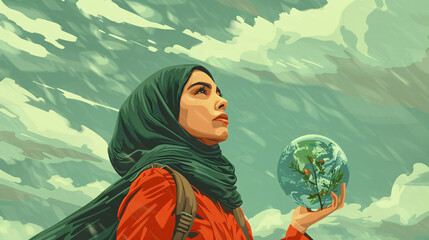 Illustration of a determined Muslim climate change activist, hijab-clad, holding an impactful environmental poster. Muslim woman in hijab leading climate awareness campaign. Sustainable practices.