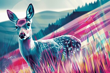 A colorful geometric deer stands in a field of grass. - obrazy, fototapety, plakaty
