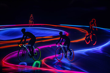 Neon silhouettes of cyclists on winding trail in urban landscape isotated on black background.