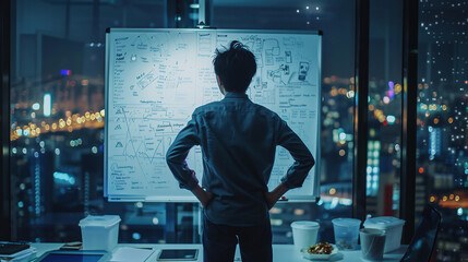 A young man, working in a digital performance marketing agency, standing in front of a whiteboard,...