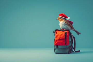 christmas bird and santa hat and red bag - obrazy, fototapety, plakaty