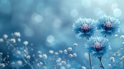   A tight shot of three blue blossoms against a softly blurred background of distant elements, accompanied by a blue expanse of sky