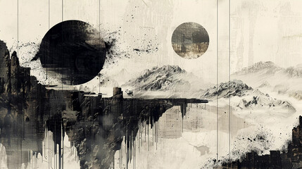 Monochromatic Abstract with Circles and Mountain Vista