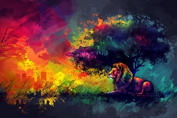 A digital painting of a lion sitting under a tree. The background is a colorful abstract.