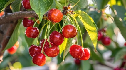 Obraz premium Abundant yield of mature red cherries growing on a tree branch