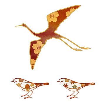 和風の花と植物の模様で装飾された鳥　飛翔する鶴　かわいい小鳥　イラストセット