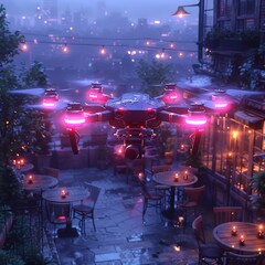 Aerial Delicacy: Glowing Purple Drone Delivers Gourmet Meal to Rooftop Dining Haven