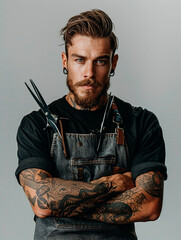 Tattooed Barber with Scissors and Intense Gaze