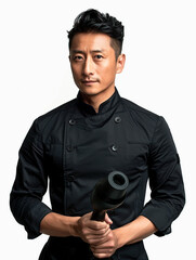Expert Asian Barber Holding Professional Hair Dryer