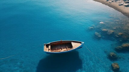 Exotic coastal beauty aerial view of tropical sea coast with boat, embracing summer travel vibes
