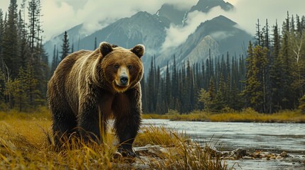 Closeup portrait of big brown bear grizzly in the mountains with cliff and forest mountain background. - obrazy, fototapety, plakaty