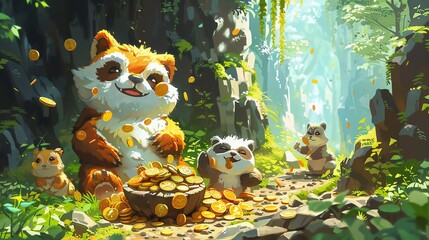 A group of cute animals are playing with gold coins in a lush forest setting. - obrazy, fototapety, plakaty
