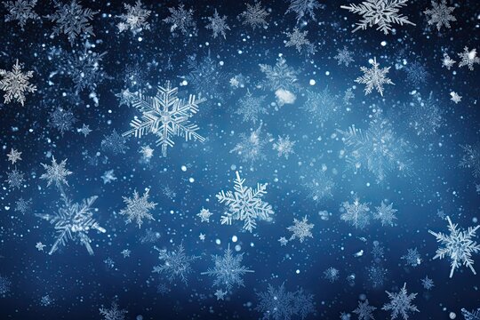Falling snowflakes on night sky background.