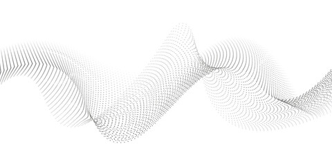 Flowing dots particles wave pattern halftone gradient curve shape isolated on white background.