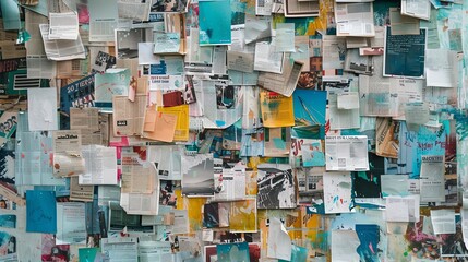 walls covered in various papers create a chaotic look