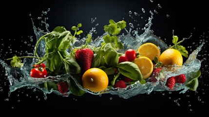 Beautiful vegetables, fruits and herbs falling with splashes into the water. On a dark background.