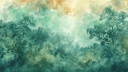 Abstract watercolor forest canopy, emerald layers, and ochre hints, for a natural retreat.
