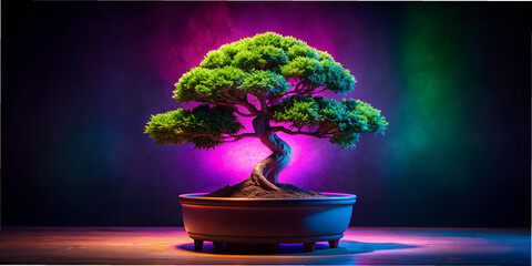 a pot with bonsai stands on a black background neon AI generation, design, wallpaper, desktop...
