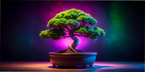 Rolgordijnen a pot with bonsai stands on a black background neon AI generation, design, wallpaper, desktop wallpaper, abstraction,  rectangles, shapes, shapes, vivid images, minimalism, © Anelya