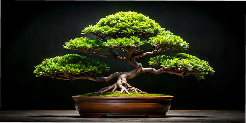 a pot with bonsai stands on a black background AI generation, design, wallpaper, desktop wallpaper, abstraction,  rectangles, shapes, shapes, vivid images, minimalism,