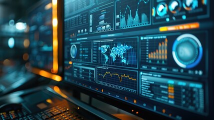 Fototapeta premium close-up of a computer monitor displaying digital data