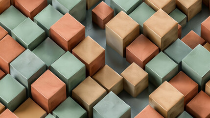 A palette of earthy cubes in shades of terracotta, sage, and sand on a warm grey field.