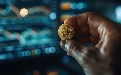 Hands holding old Bitcoin coin, with digital graphs and charts in background, representing online trading and mobile app usage