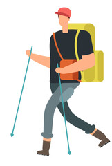 male tourist with backpack and walking sticks