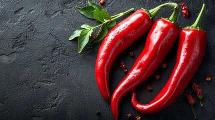   Two red peppers rest atop a black surface beside a leafy green plant
