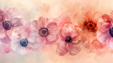 Pink watercolor anemones against warm peach, fluid backdrop, petal dance.
