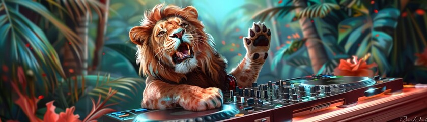 A lion is at a dj turntable in the jungle - obrazy, fototapety, plakaty