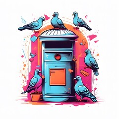 post box and pigeons, t shirt design, white background