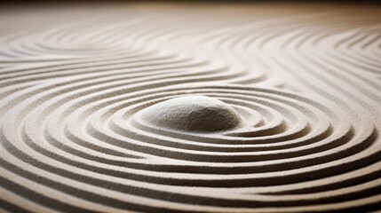 Fototapeta na wymiar Harmonious zen pattern delicately traced on serene sand, promoting tranquility and inner balance
