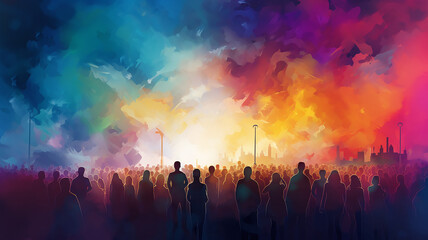 Fototapeta na wymiar multicolored crowd, a row of silhouettes of people , drawing watercolor style multicultural society, performance concert, rainbow spectrum background gradient