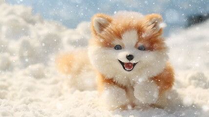 Obraz premium fox, fluffy plush children's toy running through the winter snow, snowfall, snowflakes falling cold christmas season, greeting card