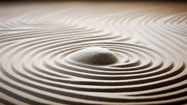 Harmonious zen pattern delicately traced on serene sand, promoting tranquility and inner balance