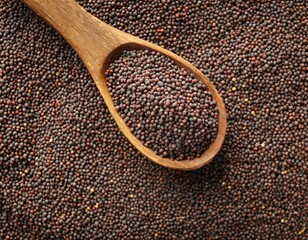 Black mustard seeds on a wooden spoon