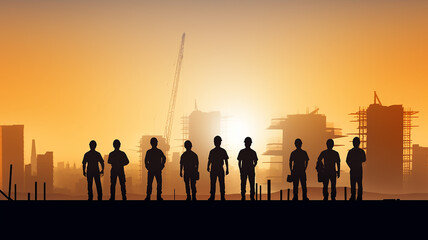 Fototapeta na wymiar group of builders silhouette of workers on a construction site, standing in a row against a sunset background, with a copy space