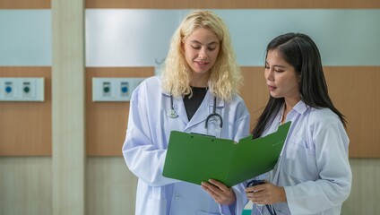Two senior woman doctor hold clipboard document file of patient record talking discussion about...